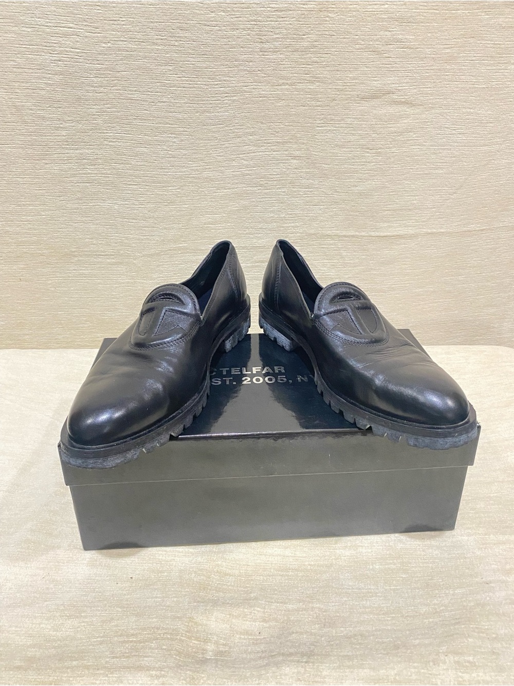 Telfar Black Leather Men's Slip-On Loafers with Rugged Sole